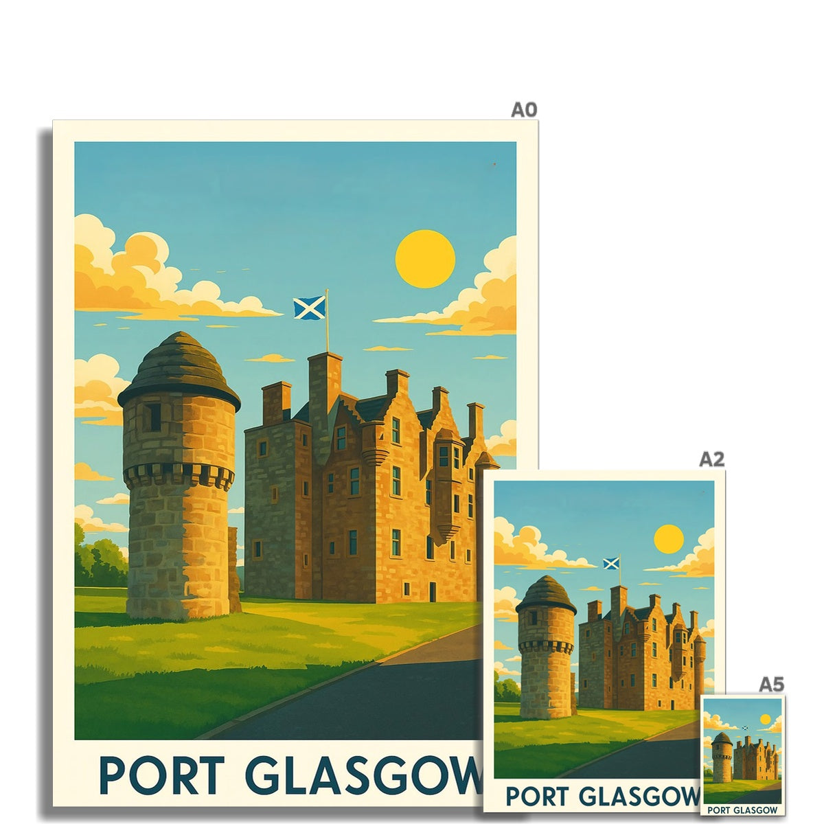 Vintage-style fine art print of Newark Castle Port Glasgow featuring stone architecture and Scottish saltire at sunset