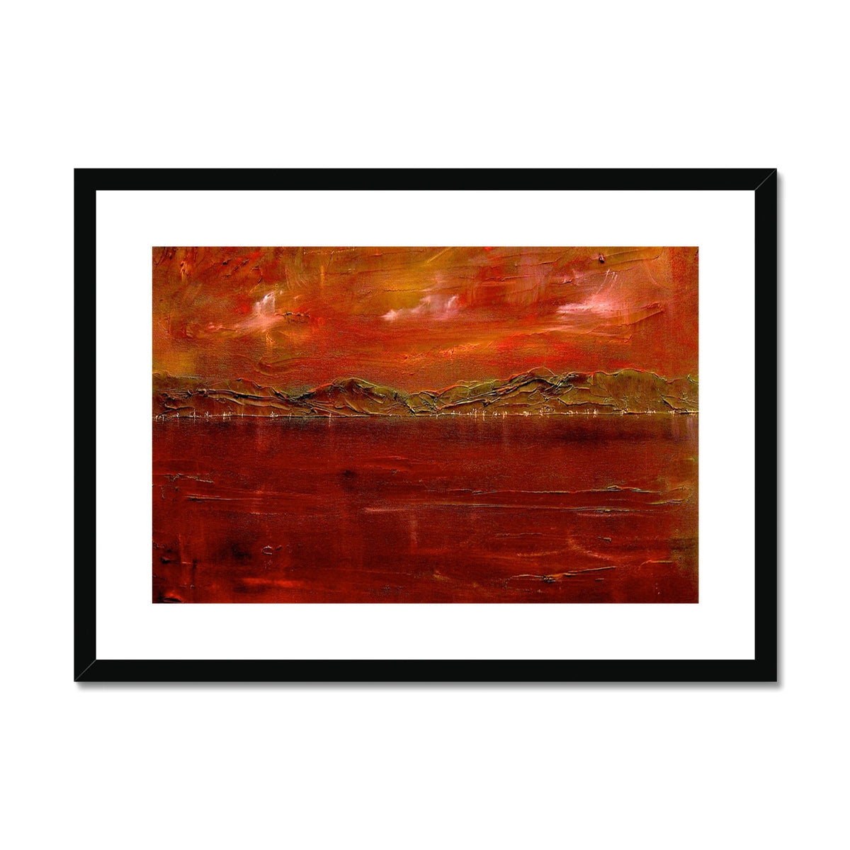 Red orange abstract landscape in Deep Clyde Dusk Art Prints, black frame