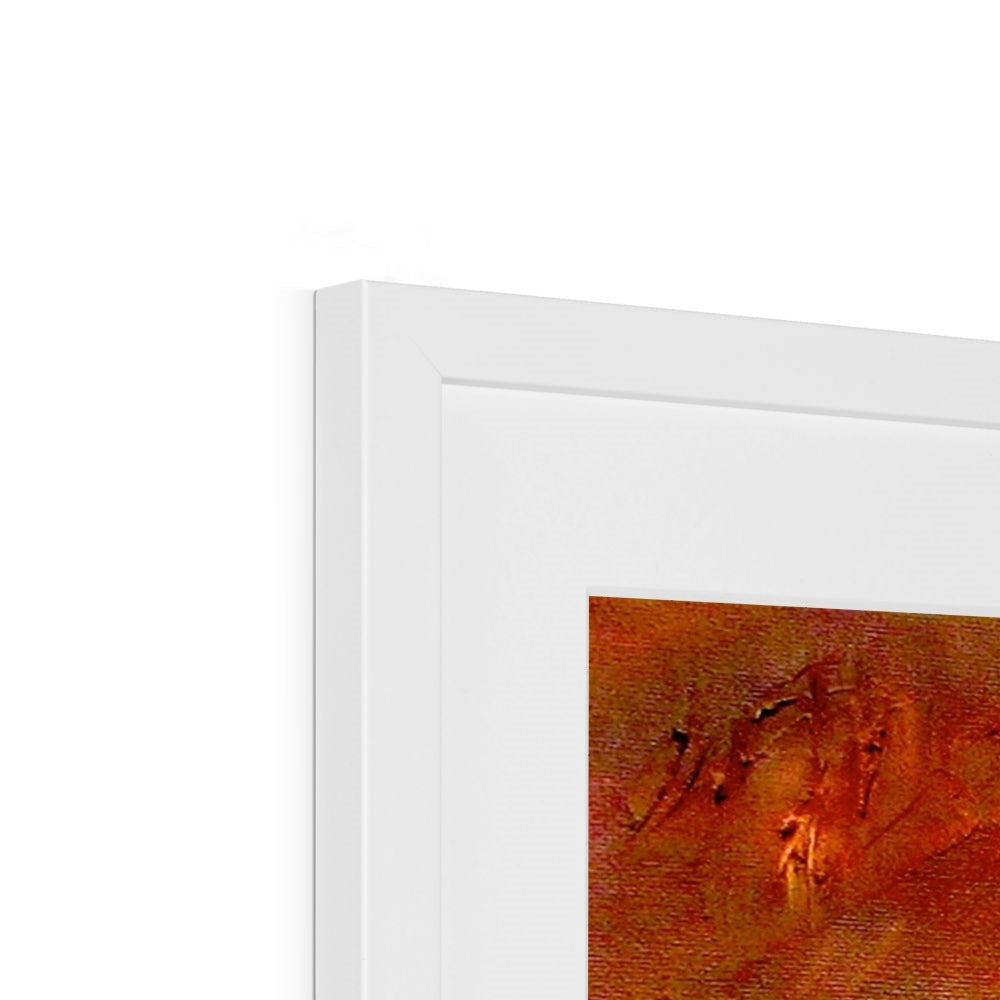 Deep Clyde Dusk art print in white frame with orange brown abstract