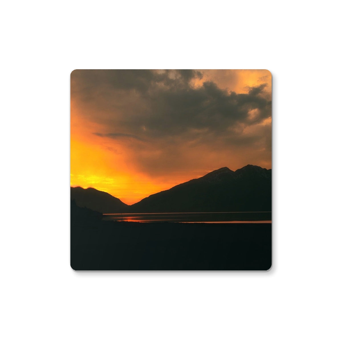 Deep Loch Leven Sunset Coaster with orange sunset and mountain silhouette