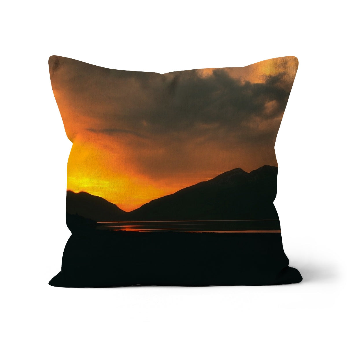 Square decorative throw pillow featuring a vibrant sunset landscape print for Deep Loch Leven Sunset Cushion