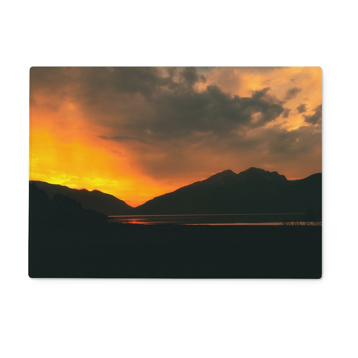Orange sunset landscape metal sign on Deep Loch Leven Sunset chopping board