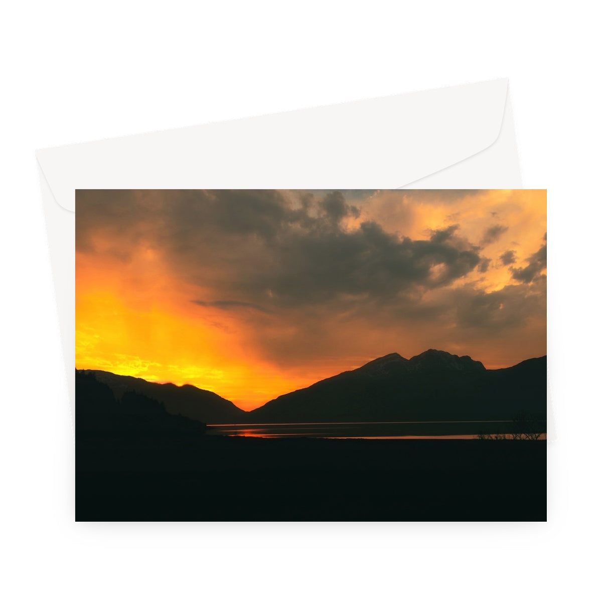 Deep Loch Leven Sunset greeting card with orange landscape and envelope
