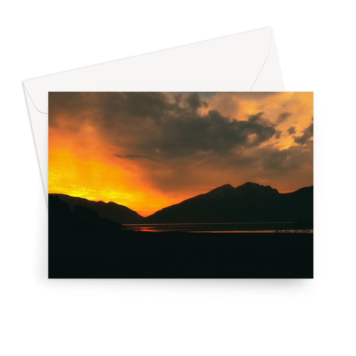 Deep Loch Leven Sunset greeting card with orange landscape and envelope