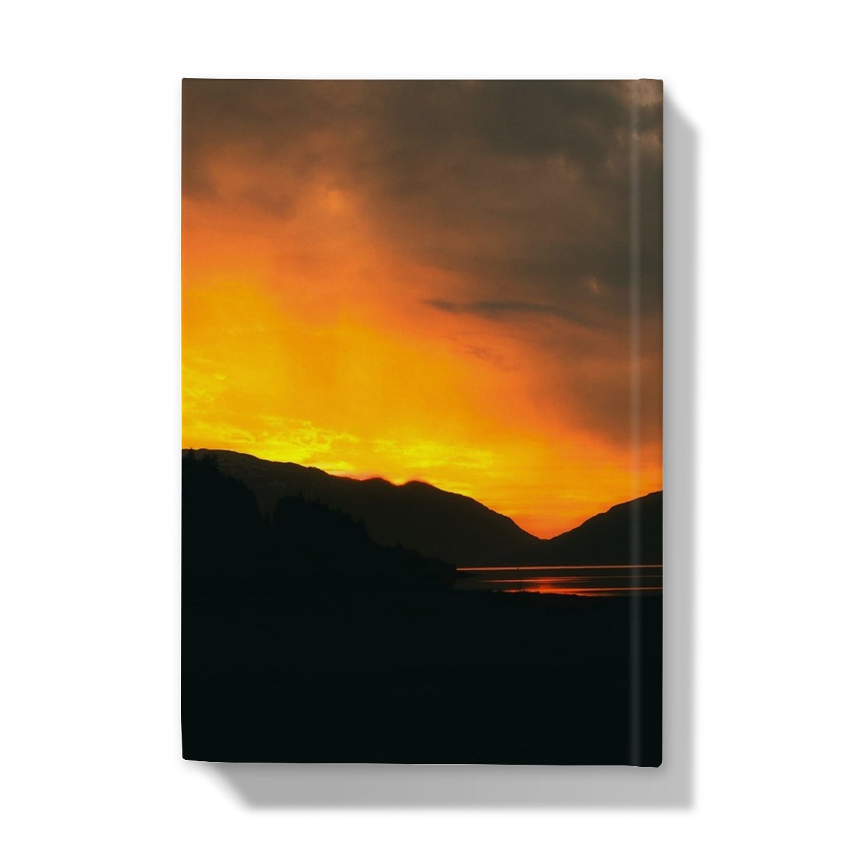 Deep Loch Leven Sunset hardback journal with orange sunset, black mountain and water silhouette