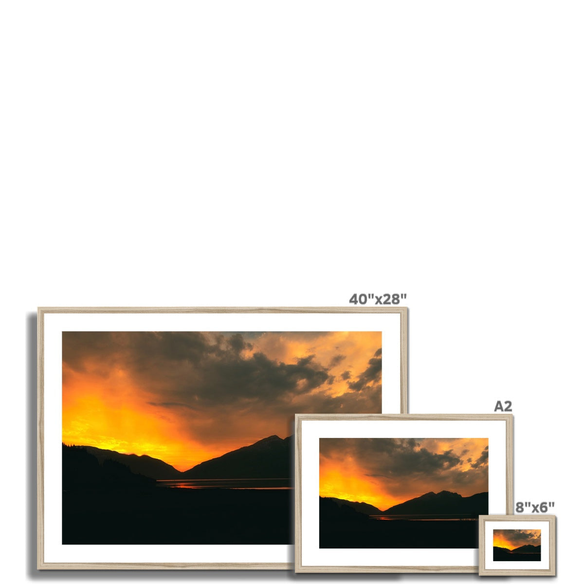 40x28 inch framed Deep Loch Leven sunset print with orange hues, white matting
