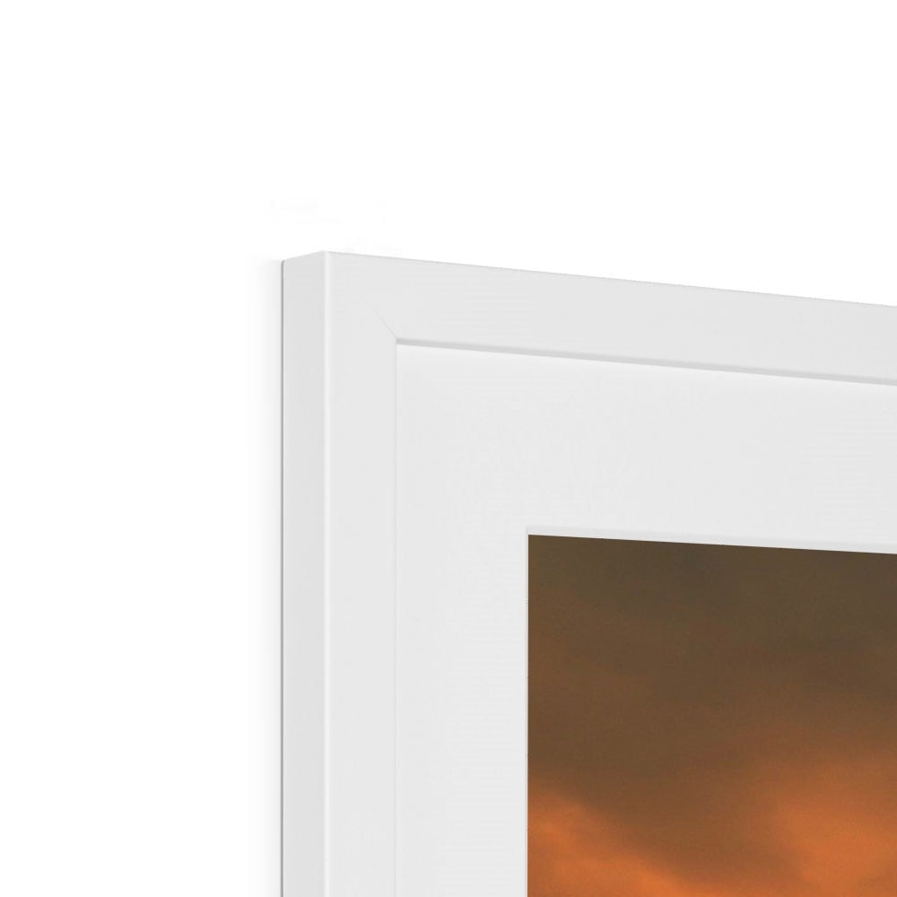 Deep Loch Leven sunset art print in white frame with orange brown abstract