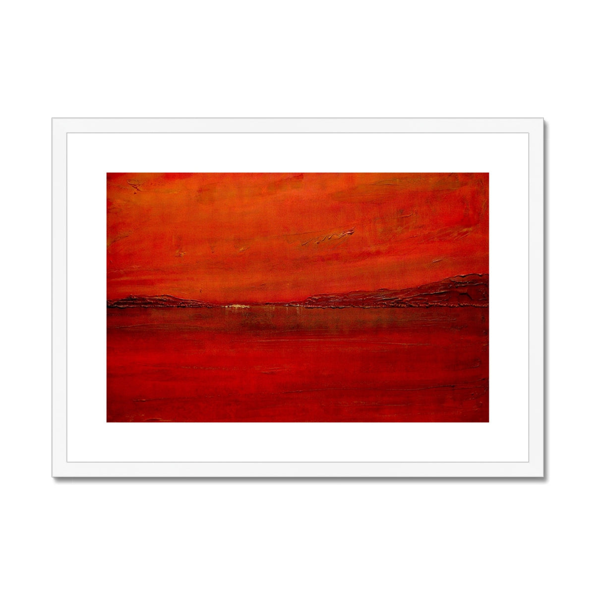 Red abstract landscape in Deep Loch Lomond Sunset Art Print, white frame