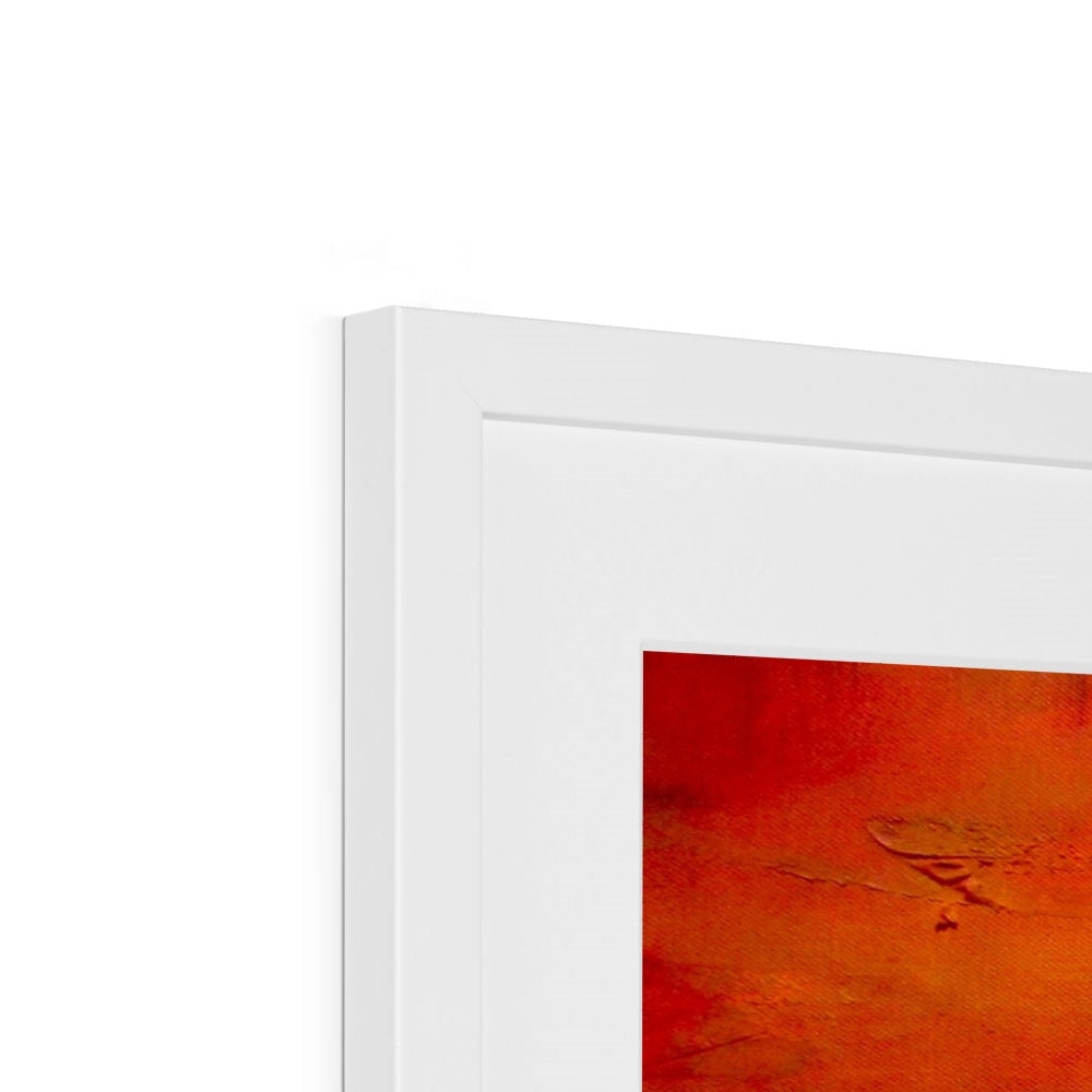White framed Deep Loch Lomond Sunset abstract art print in orange red hues