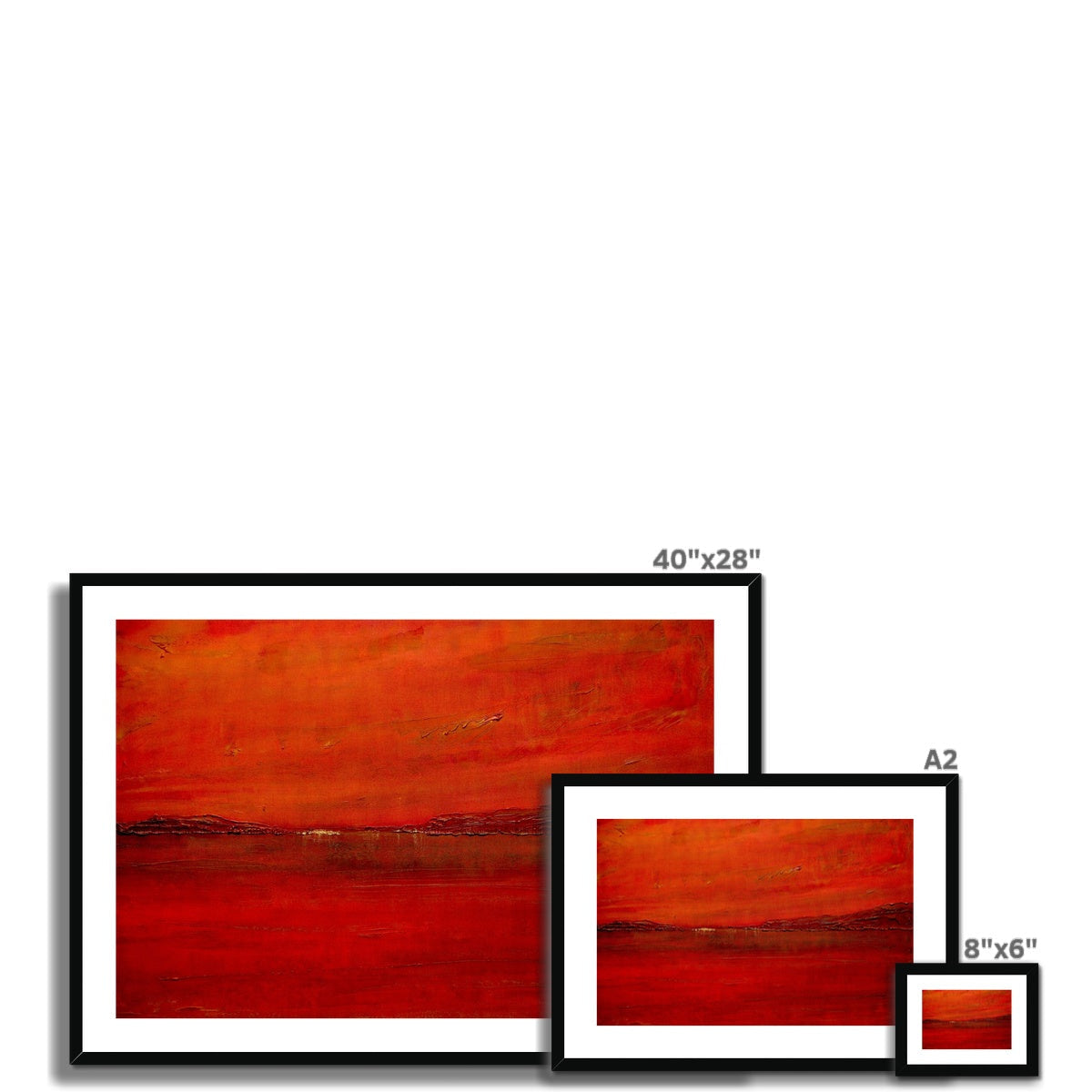 Red abstract Loch Lomond sunset painting, 40x28 inches, black frame, white mat