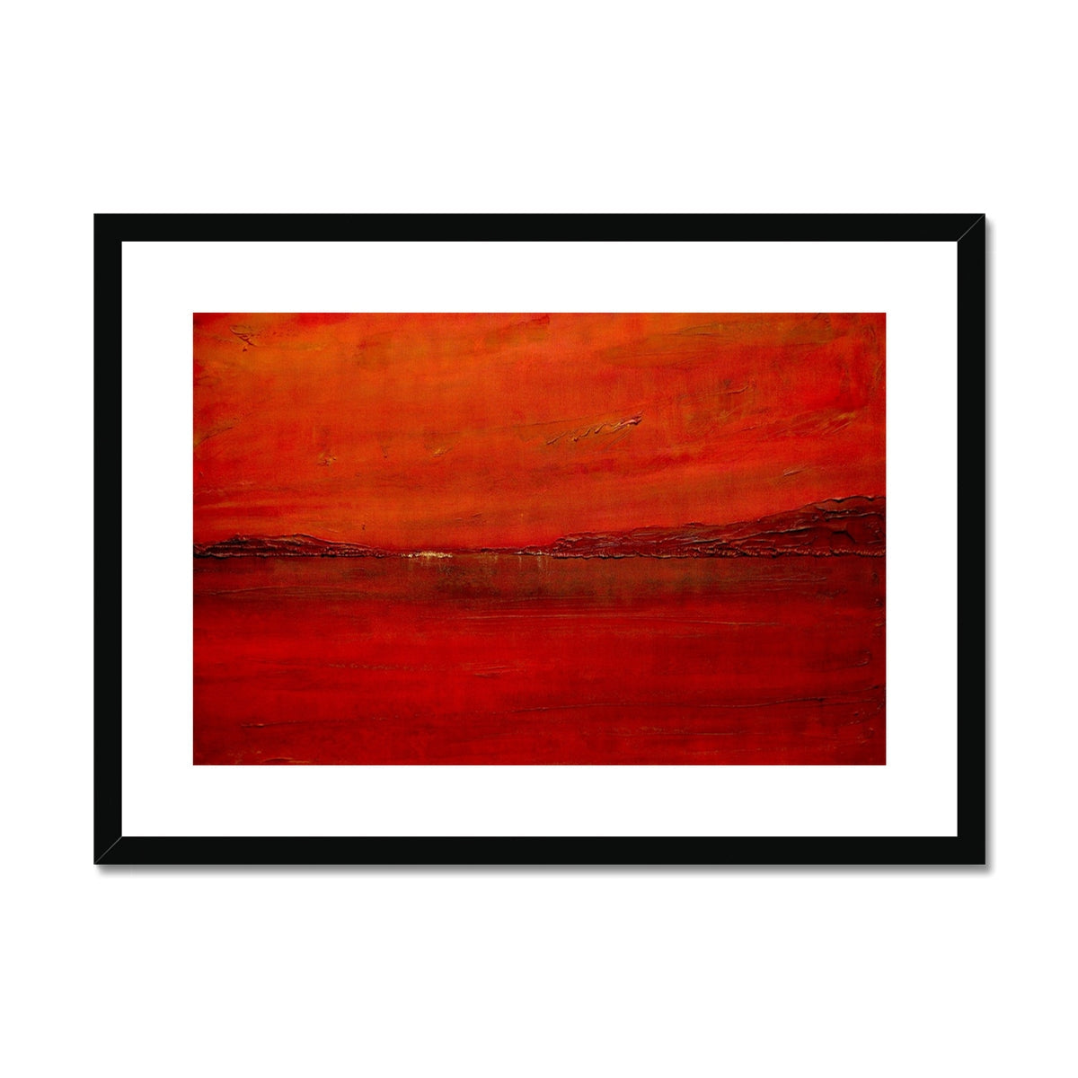 Red abstract painting with black frame, Deep Loch Lomond Sunset art print