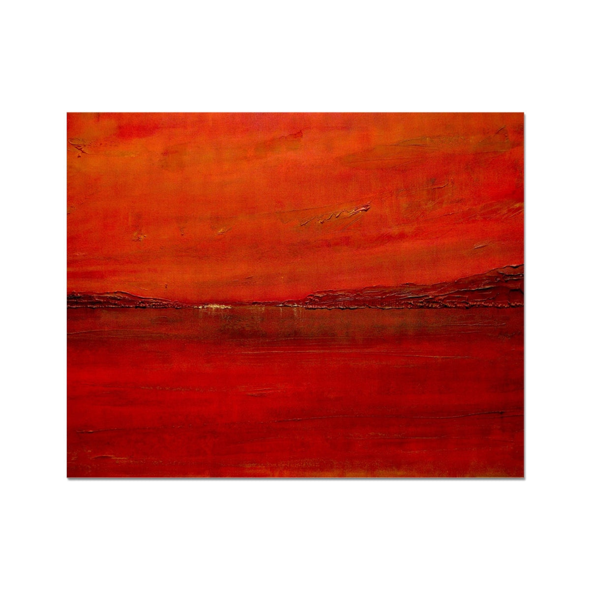 Red abstract painting with black lines on Loch Lomond sunset print