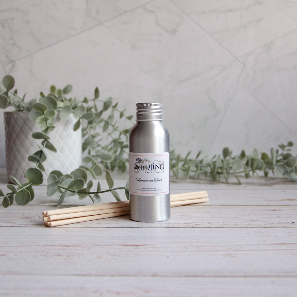 Silver aluminum 100ml diffuser refill bottle with Shring Candle Company mandarin fung label and wooden reed sticks