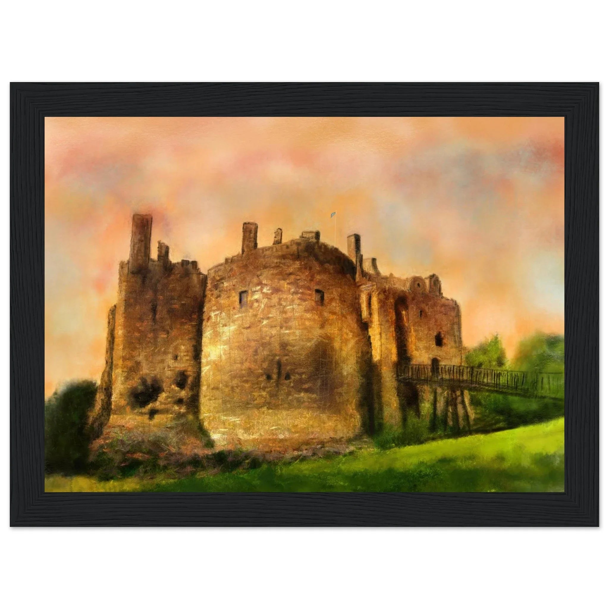 Framed Dirleton Castle painting with golden lighting and orange skies
