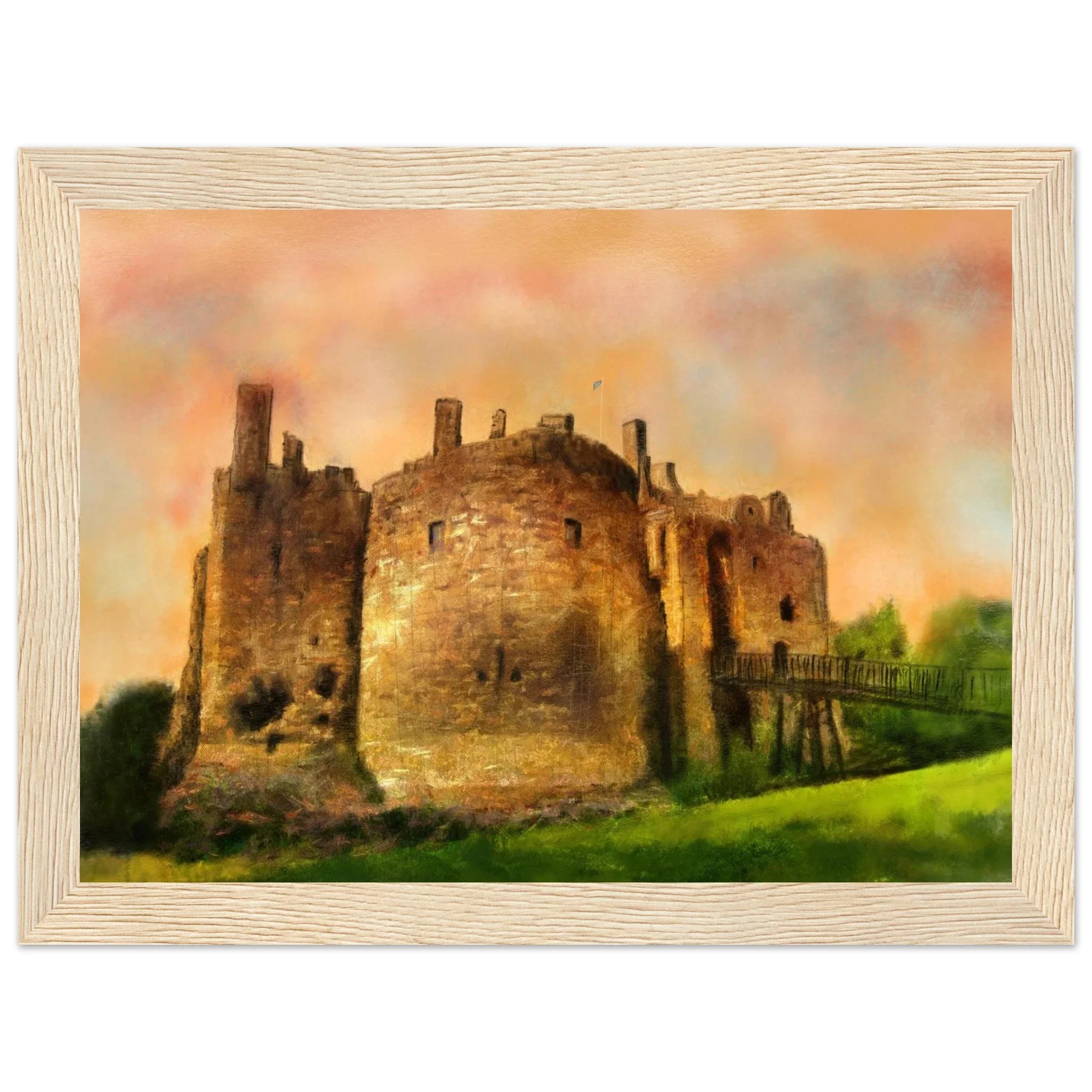 Framed Dirleton Castle painting with golden light and peach skies