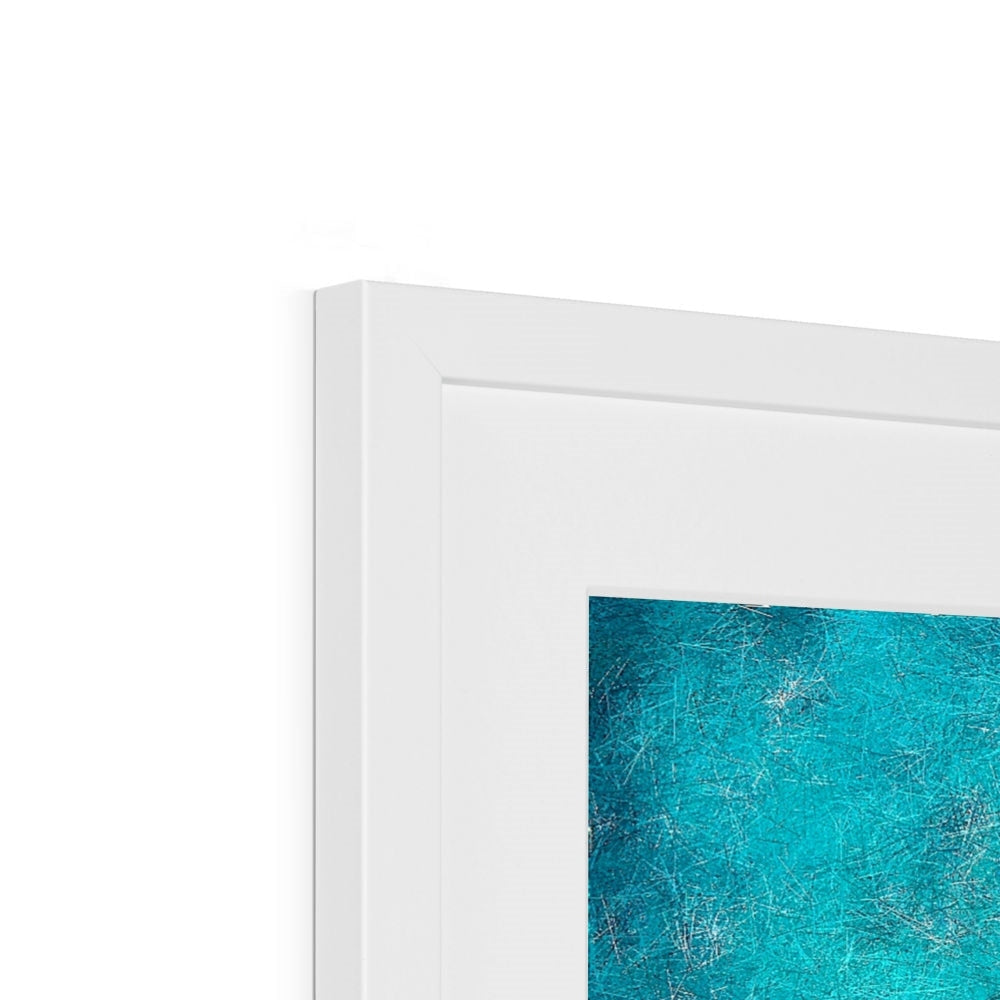 White framed Diving Off Kefalos abstract art print with teal silver accents