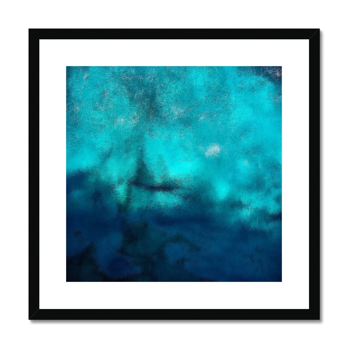 Teal abstract Diving Off Kefalos art print with black frame and white matting