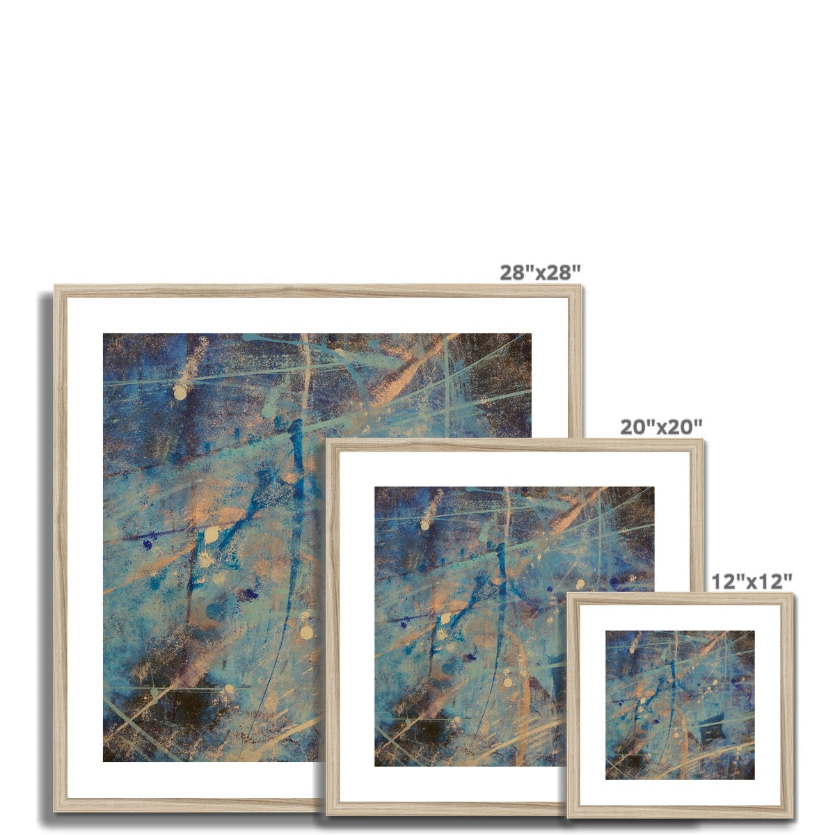 28x28 Diving With Rays abstract art print in blue gold tones silver frame