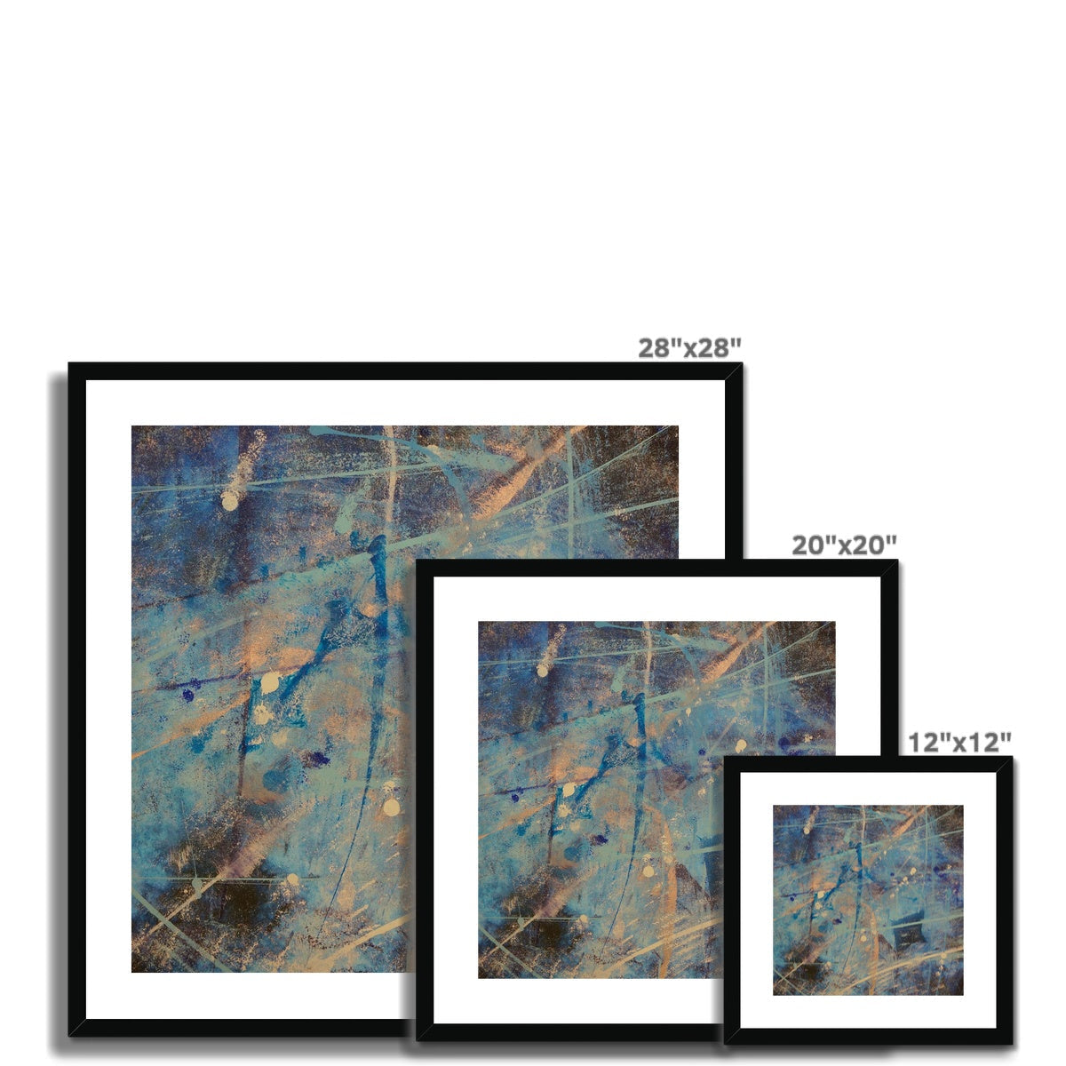 28x28 inch Diving With Rays abstract art print in black frame with blue orange hues