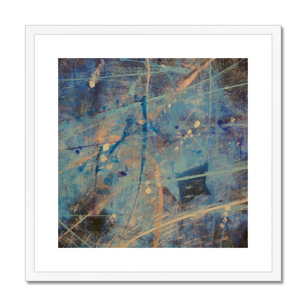 Blue and gold abstract Diving With Rays art print in white frame