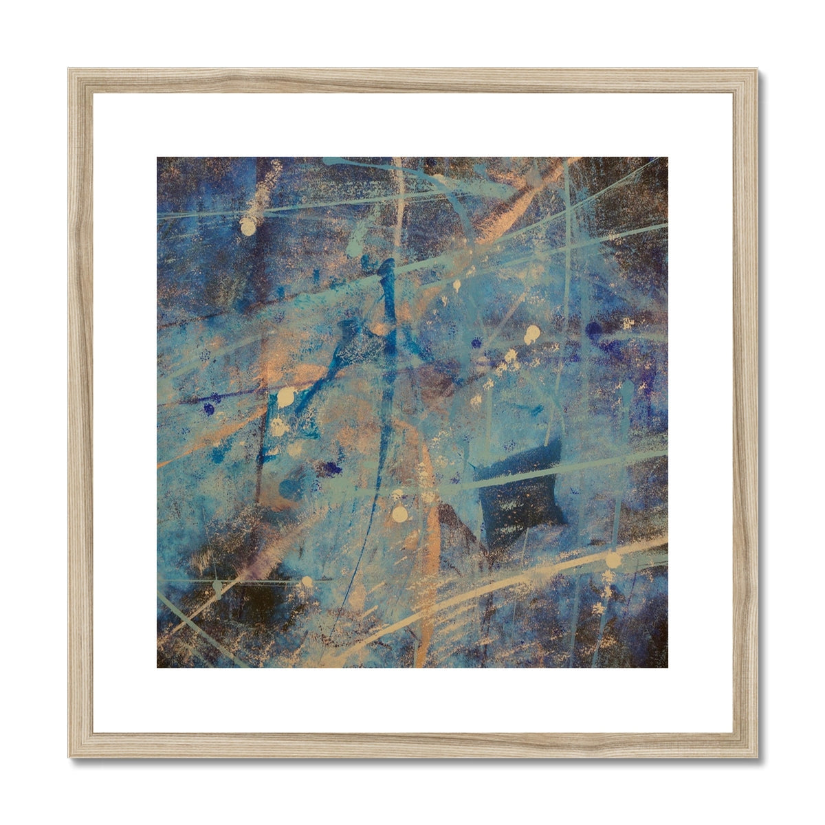 Blue abstract Diving With Rays art print with gold accents in light wood frame