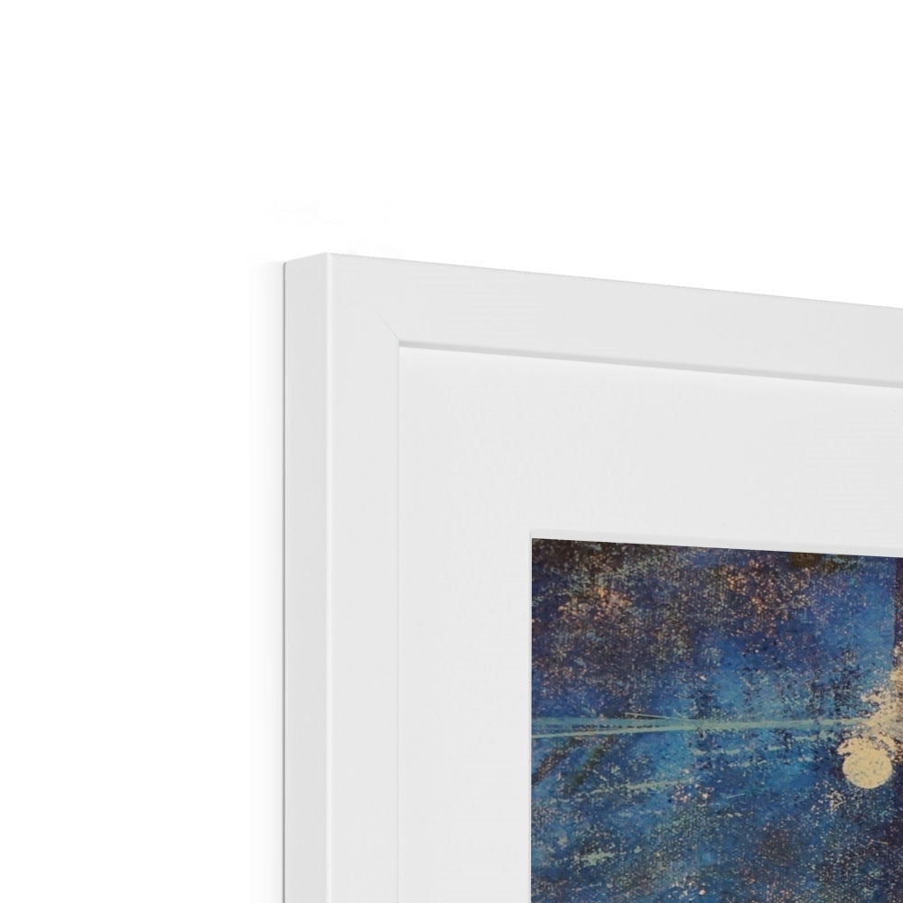 White framed abstract Diving With Rays art print with blue gold accents