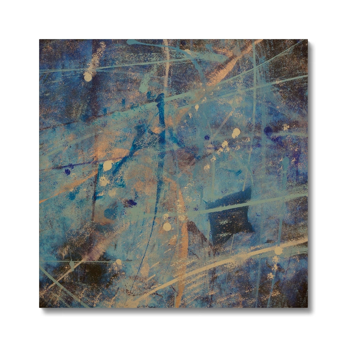 Blue and gold abstract textured brushstrokes in Diving With Rays canvas print