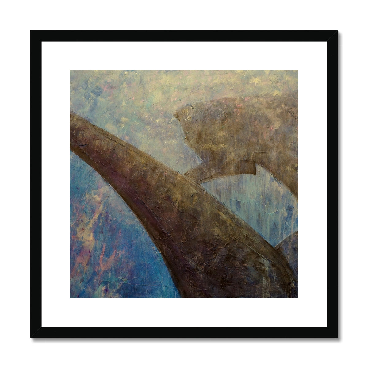 Black framed abstract art print in earthy tones for Diving With Sharks