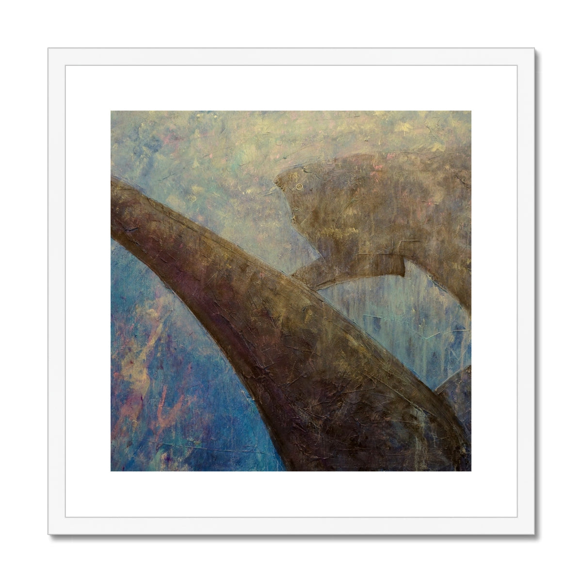 Diving With Sharks brown tree trunk art print in white frame