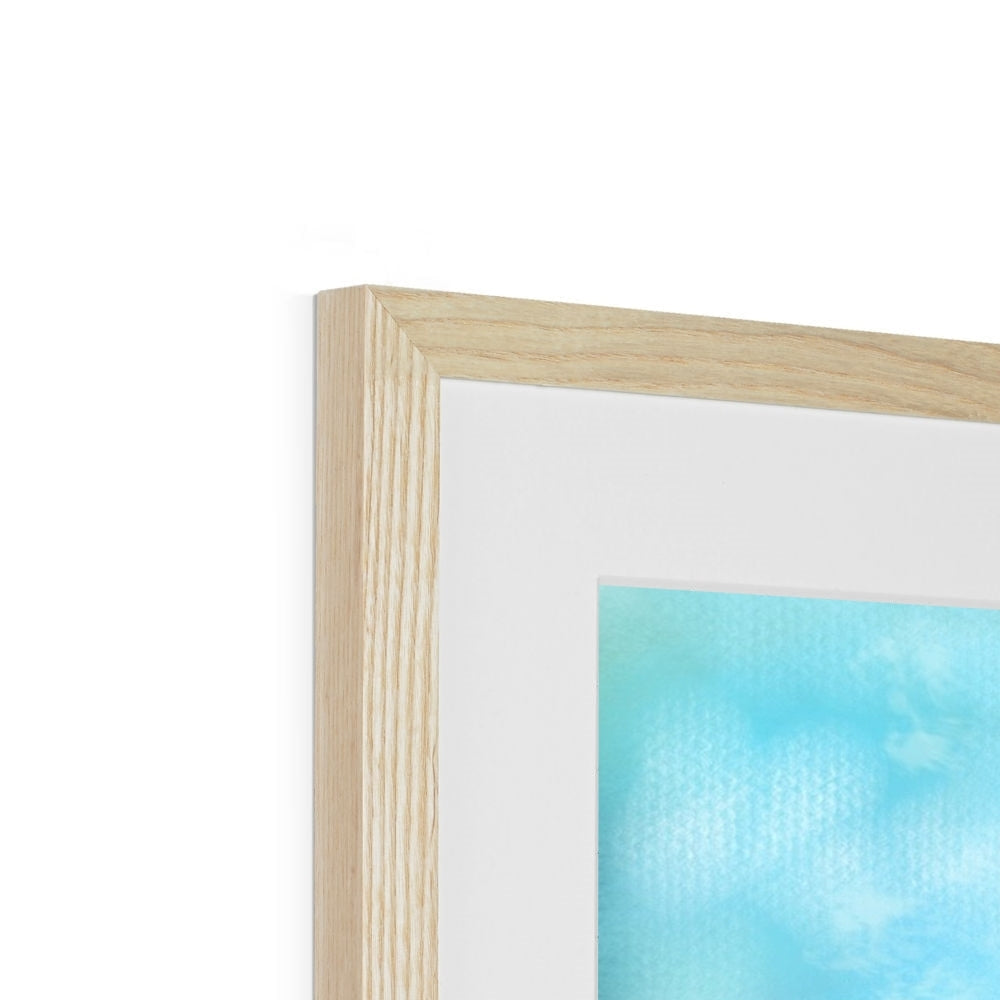 Light wood-framed print of Doune Castle with white mat and blue-green artwork