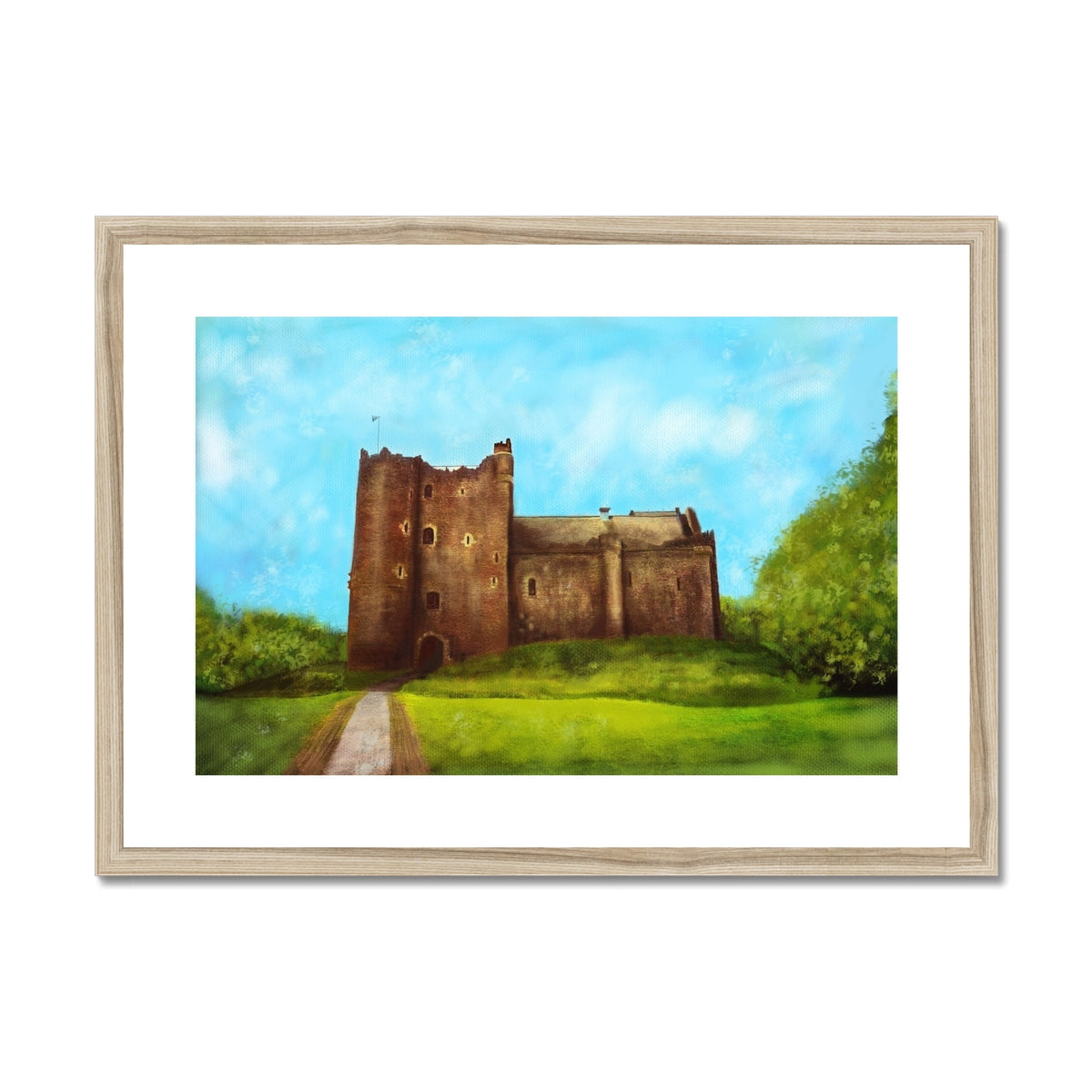 Framed watercolor print of Doune Castle on a grassy hill for Castle Leoch decor