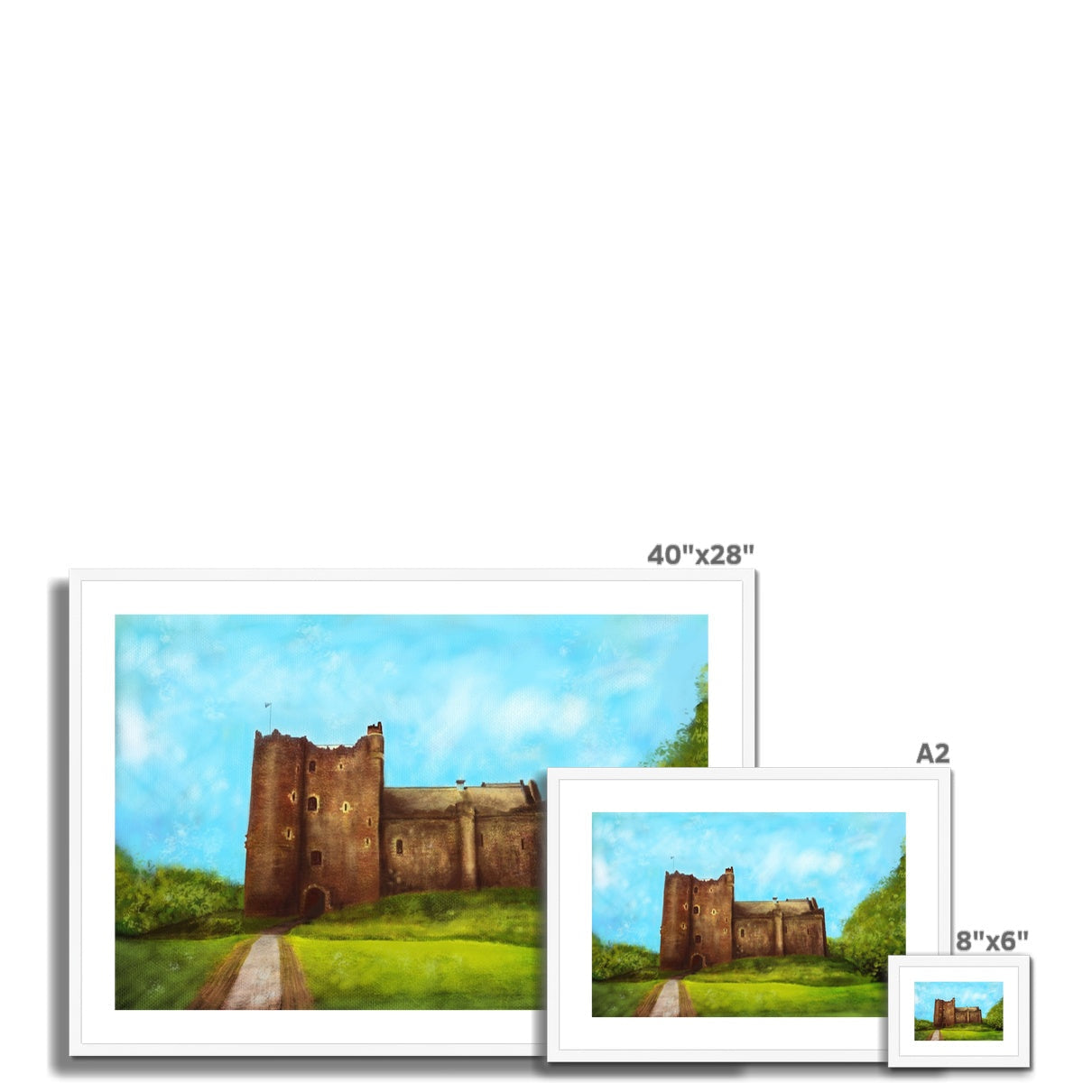 Set of three framed prints of Doune Castle paintings in varying sizes for elegant decor