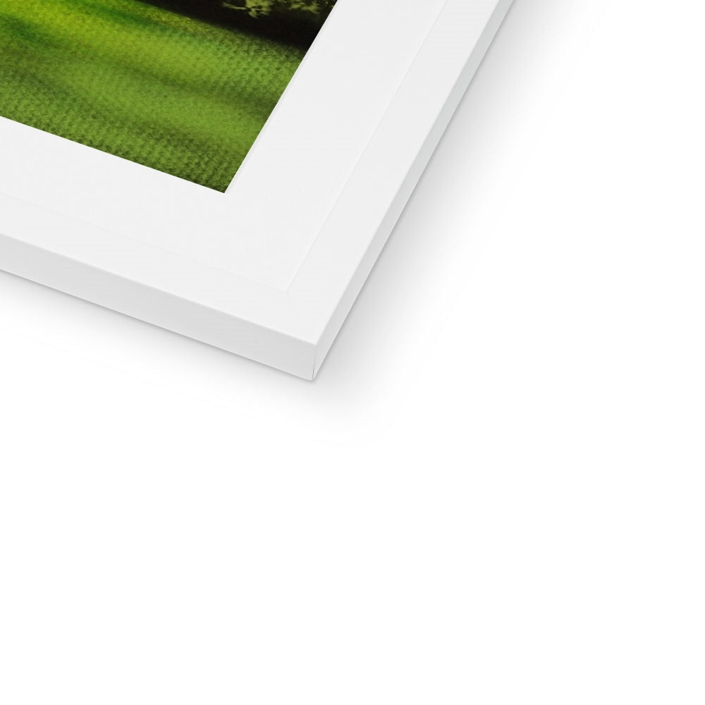 White framed canvas print of a vibrant green landscape featuring Doune Castle (Castle Leoch)