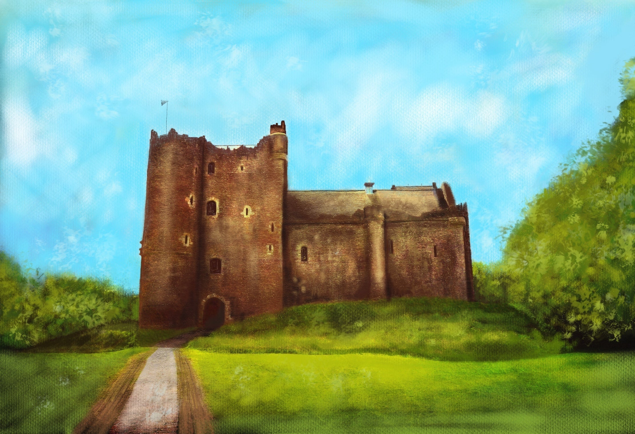 Old stone castle with tower and pathway in Scottish landscape painting of Doune Castle