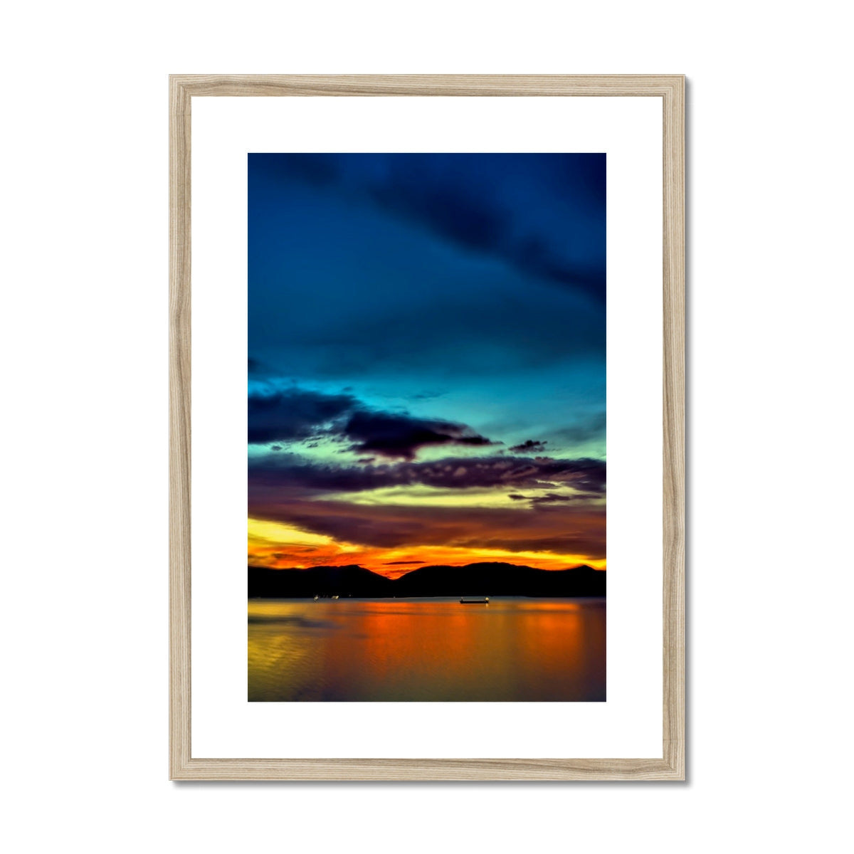 Wooden frame with white mat and vibrant sunset art print