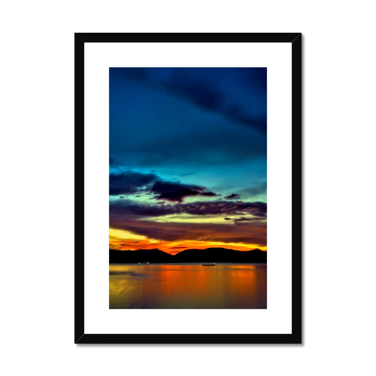 Dreaming Of Sunset black-framed print with orange blue hues glossy finish