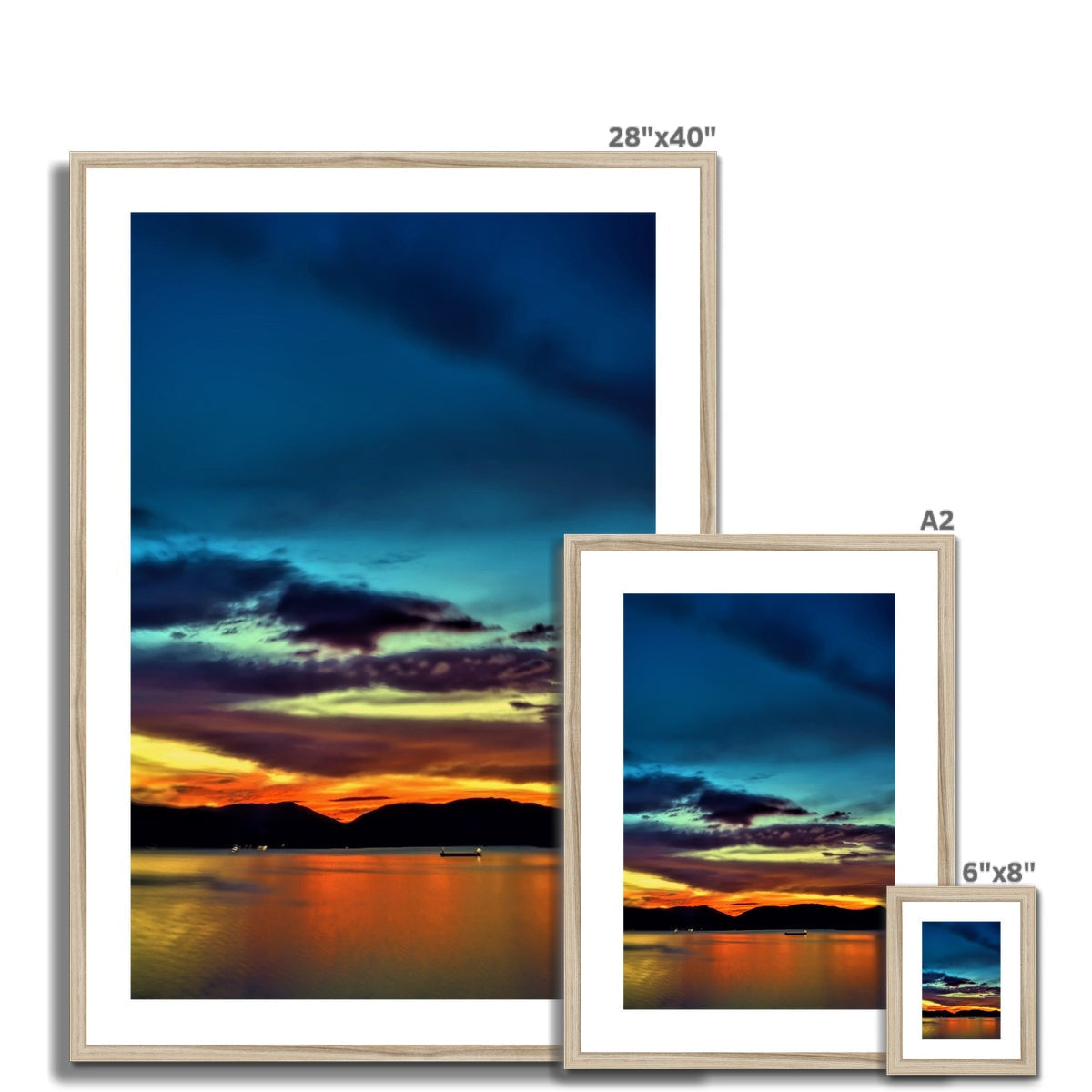 Vibrant 28x40 sunset landscape print in sleek white frame