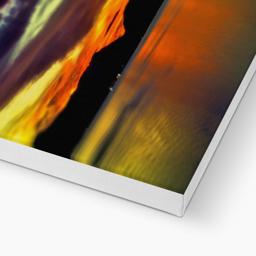 Fiery sunset mountain canvas print in vibrant oranges and yellows