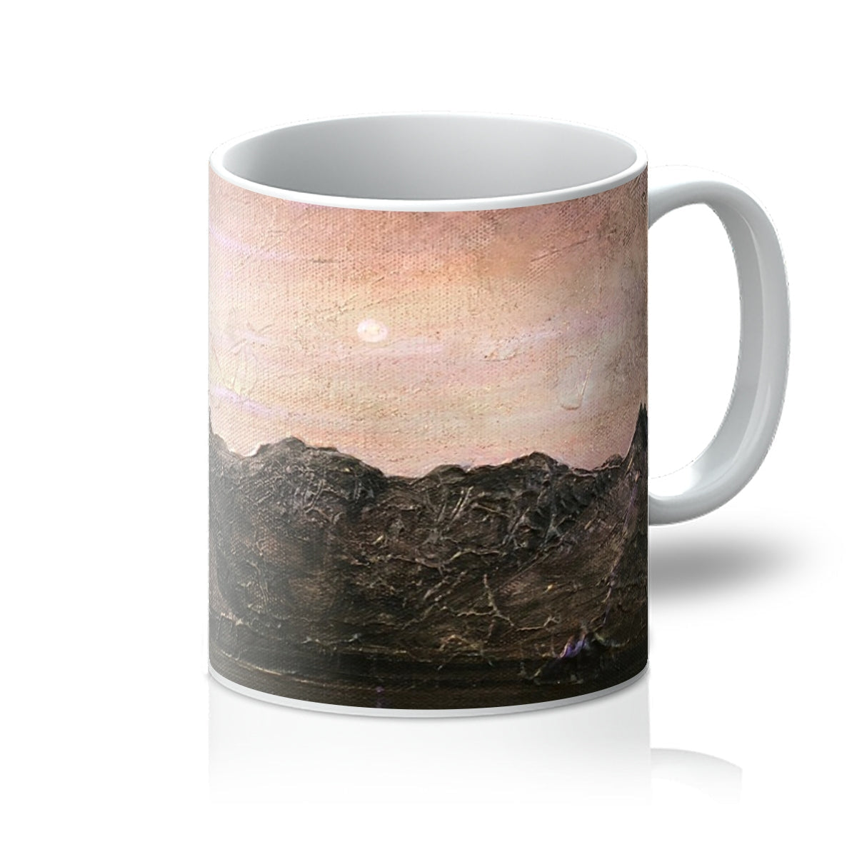 Dubh Ridge Moonlight Mug with pink sunset mountain landscape
