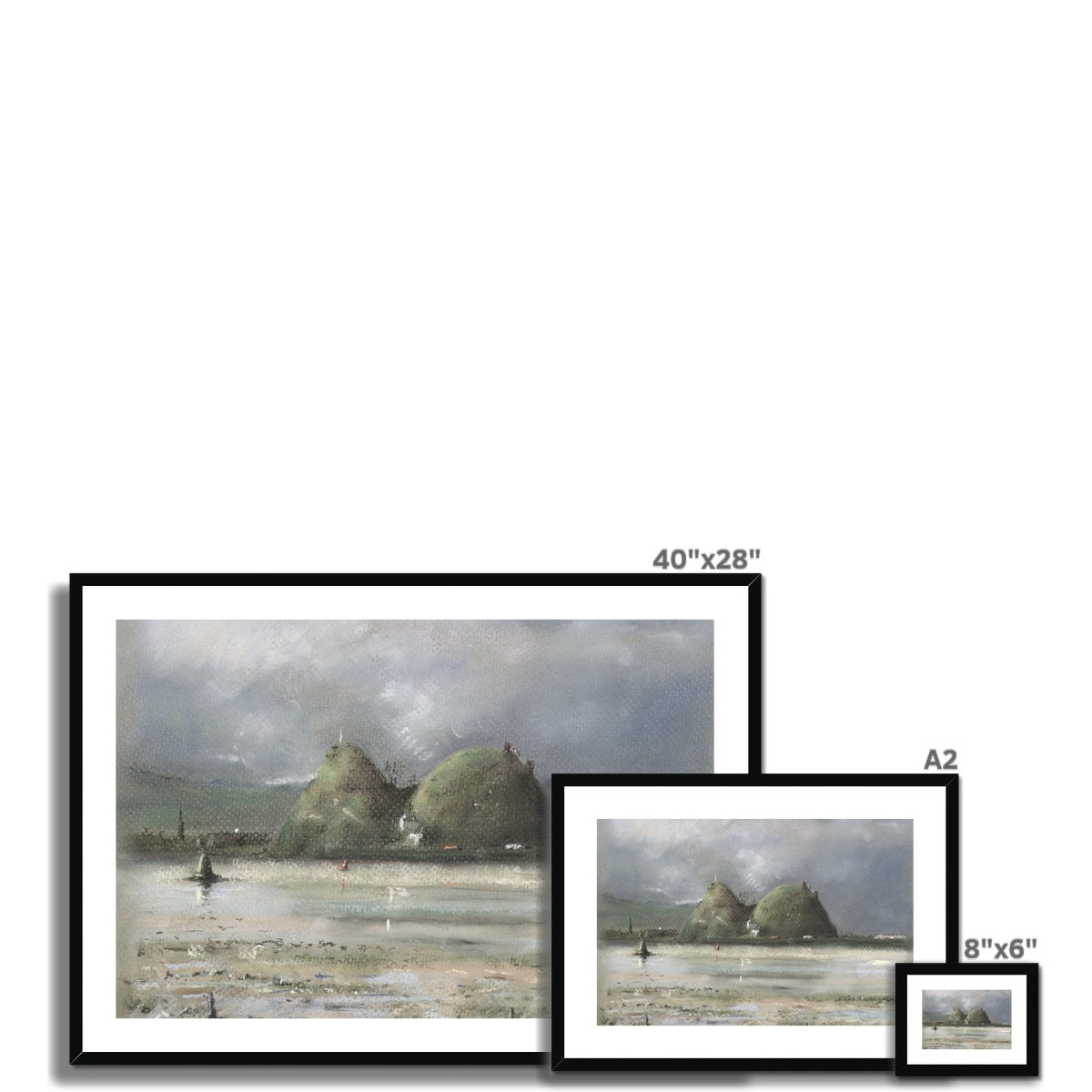 Dumbarton Rock framed landscape print in 40x28 muted earth tones black frame