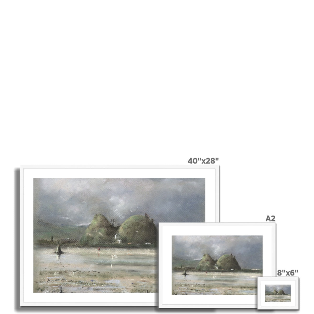 40x28 inch Dumbarton Rock framed beach print in white frame with earth tones