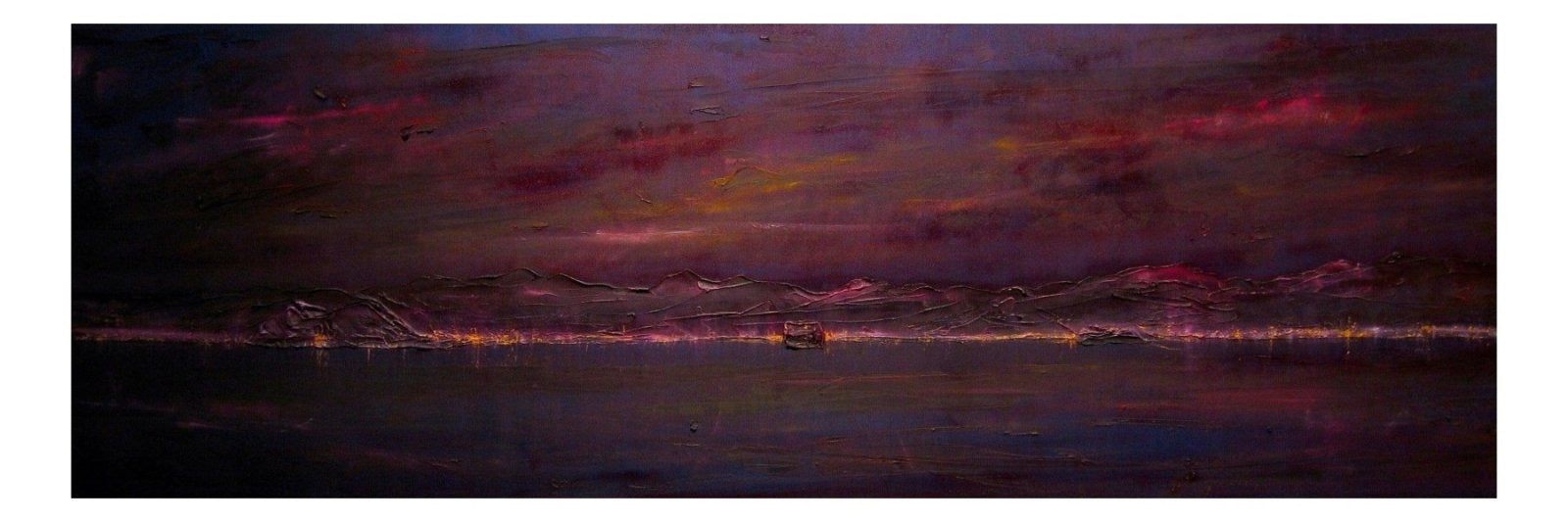 Abstract landscape painting with vibrant purple and red sky reflecting over water in Dumbarton Rock Deep Dusk Panoramic Prints