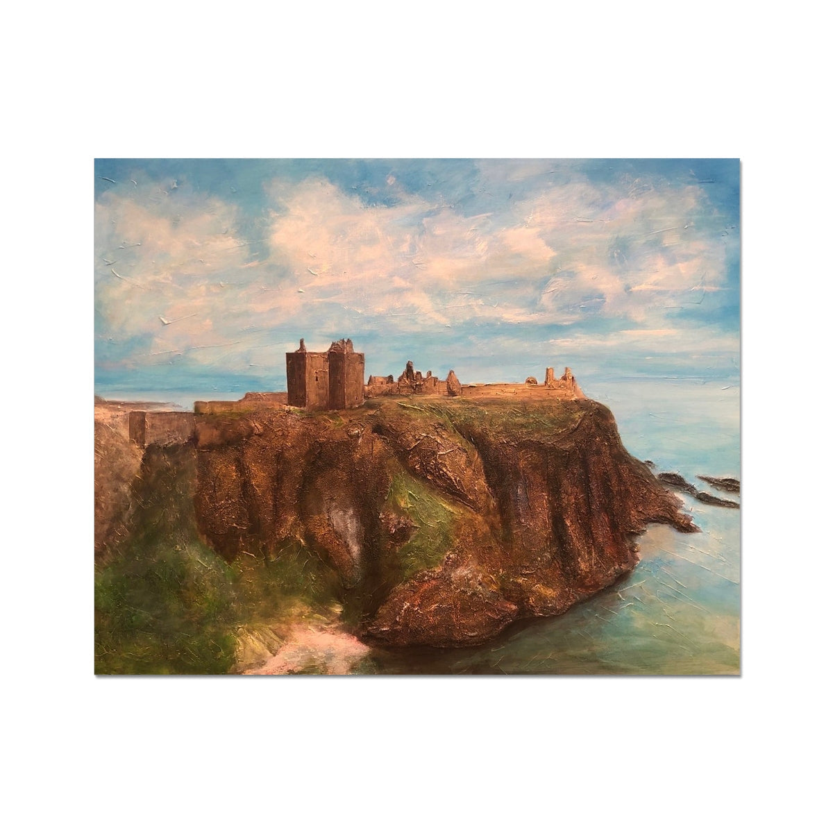 Oil painting of Dunnottar Castle on a rugged cliff overlooking the sea under a cloudy sky