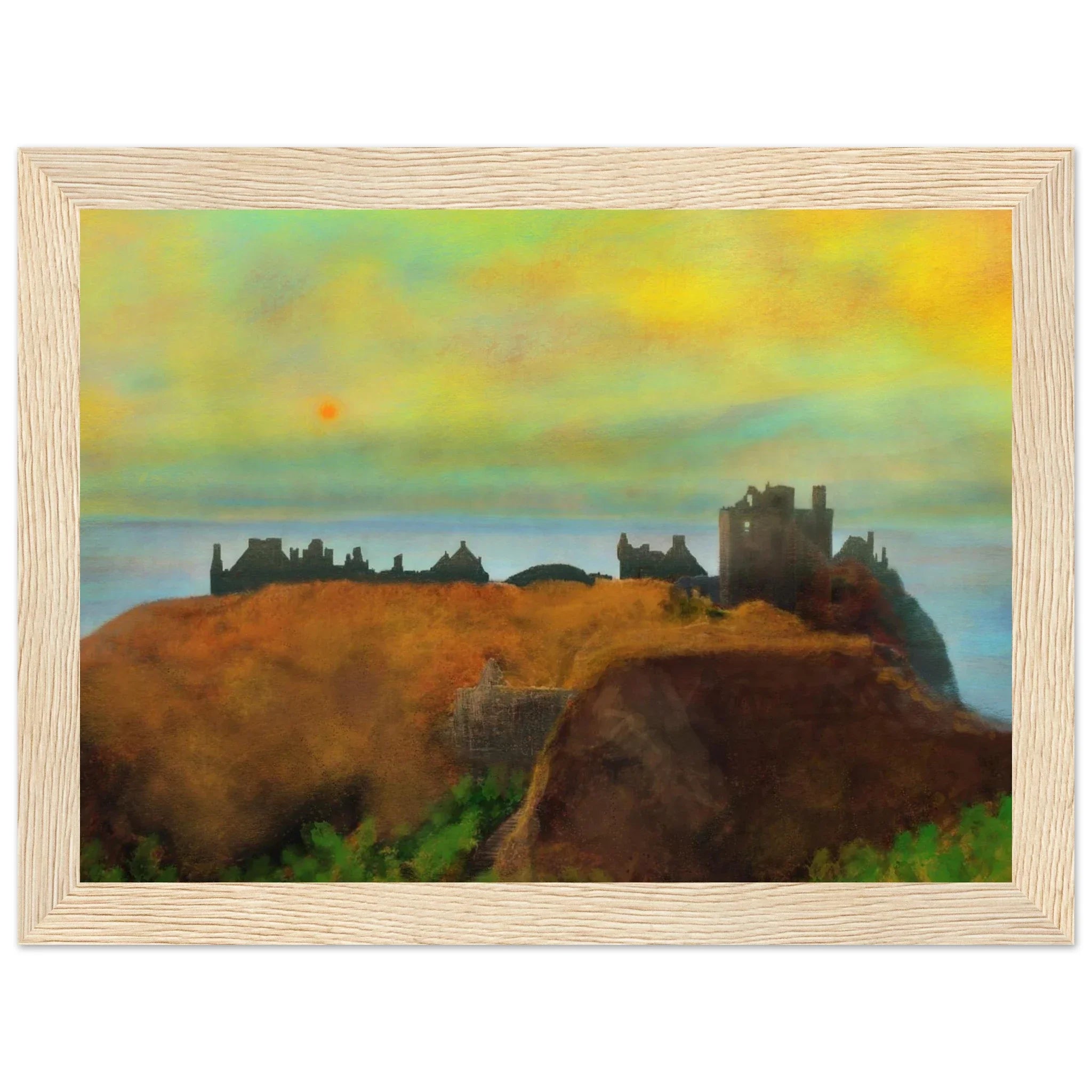 Dunnottar Castle dusk painting silhouette on cliffs at sunset sea view