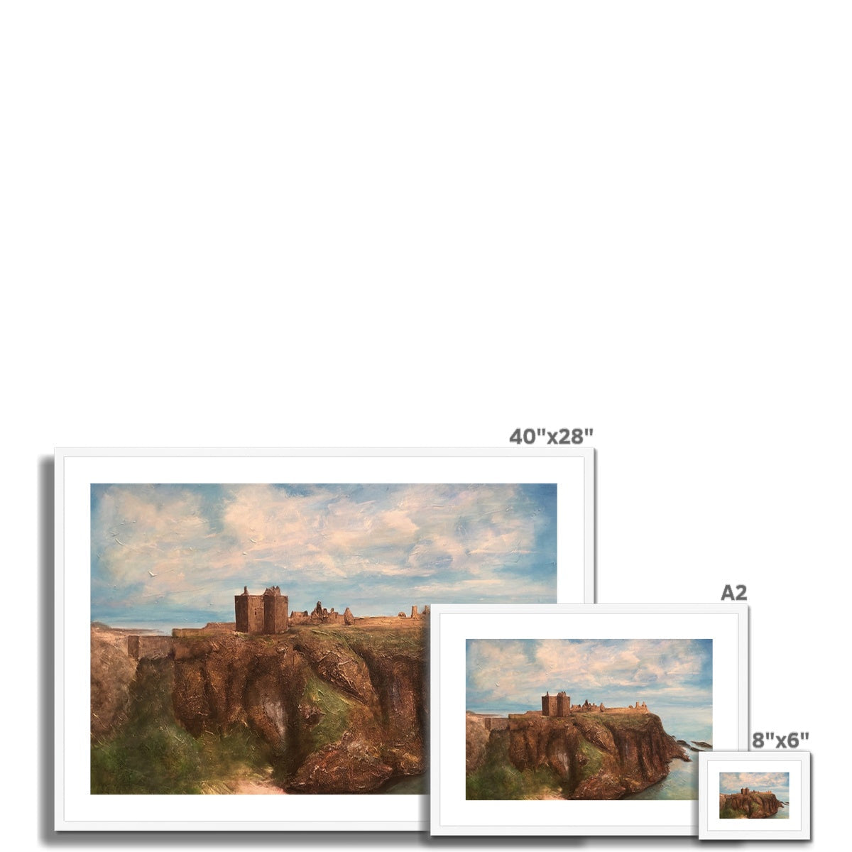 Three framed landscape prints of Dunnottar Castle on a cliff in a mounted display