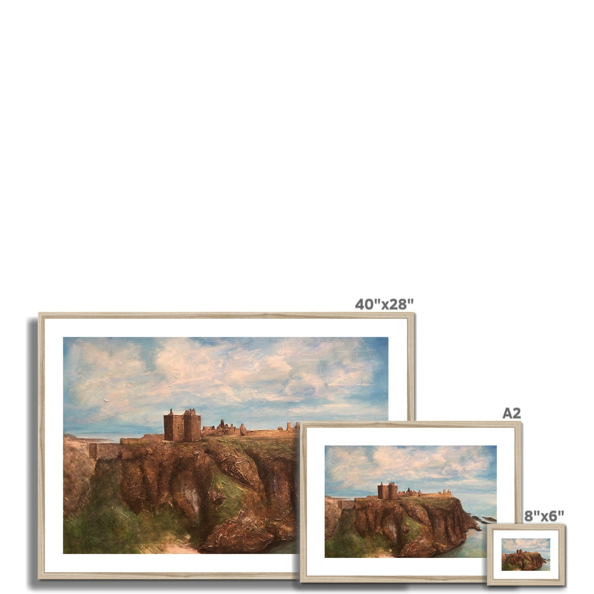 Three framed paintings of Dunnottar Castle on a cliff overlooking the ocean