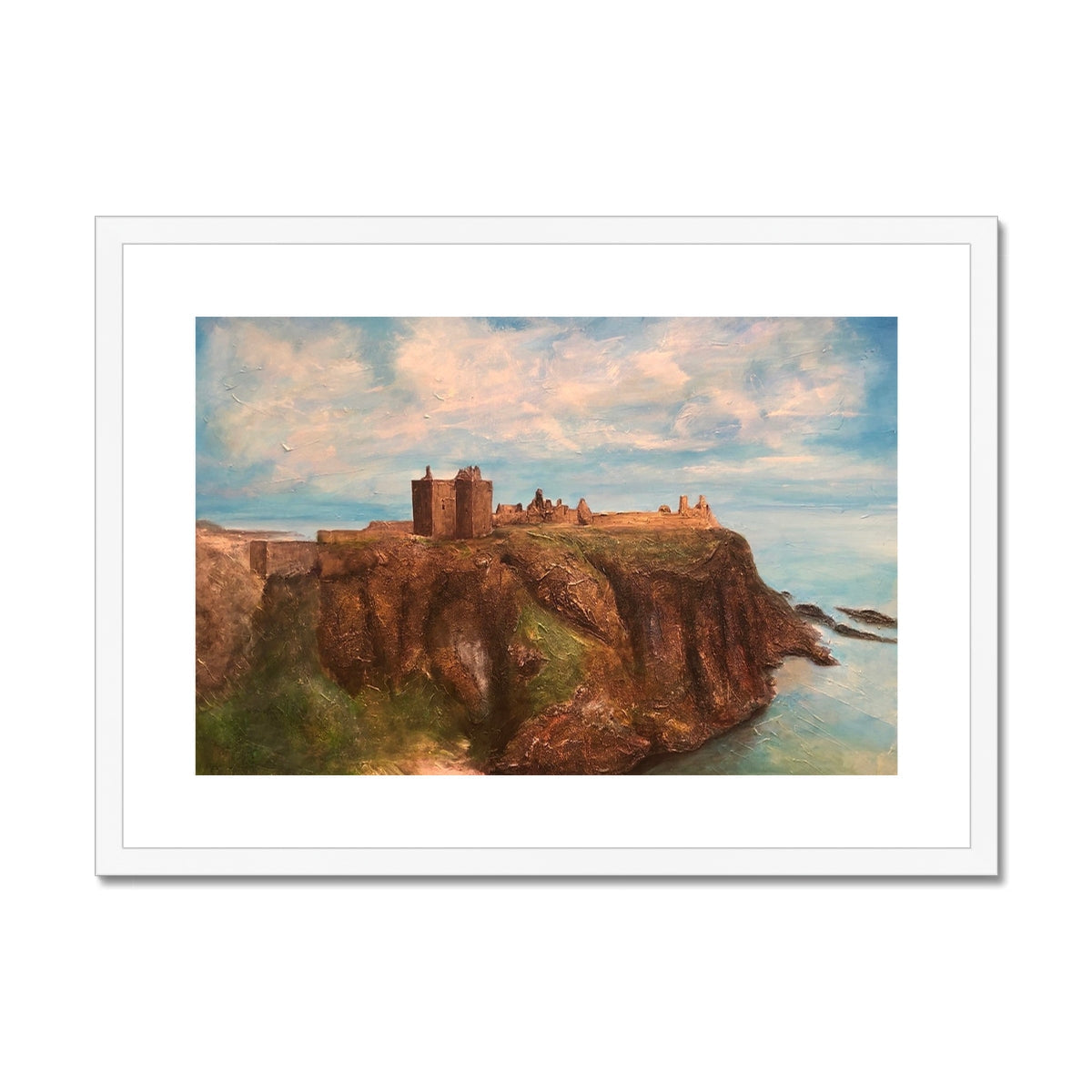 Oil painting of Dunnottar Castle on a cliff overlooking the sea, framed and mounted print