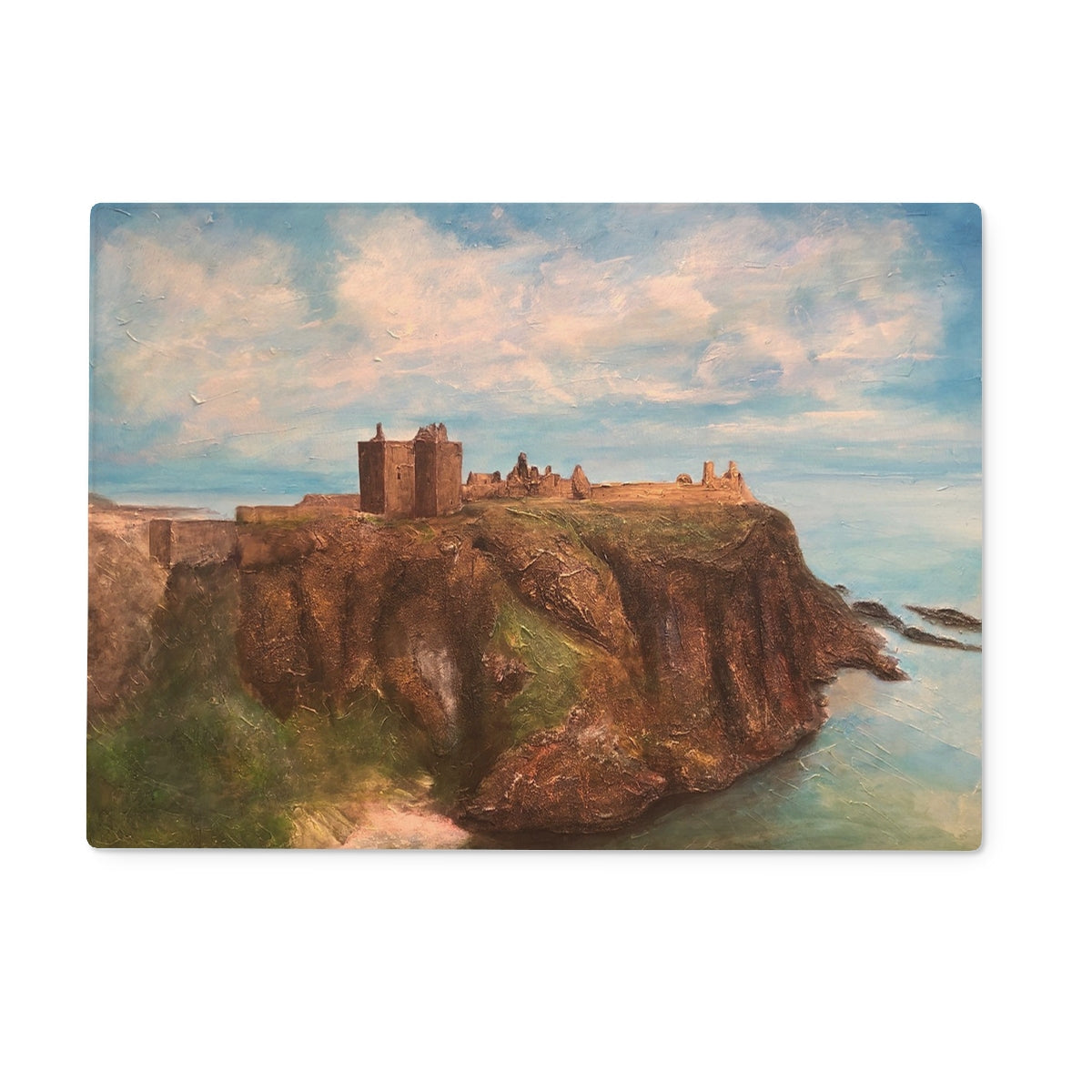 Dunnottar Castle Glass Chopping Board featuring a painting of a stone castle on a cliff overlooking the sea
