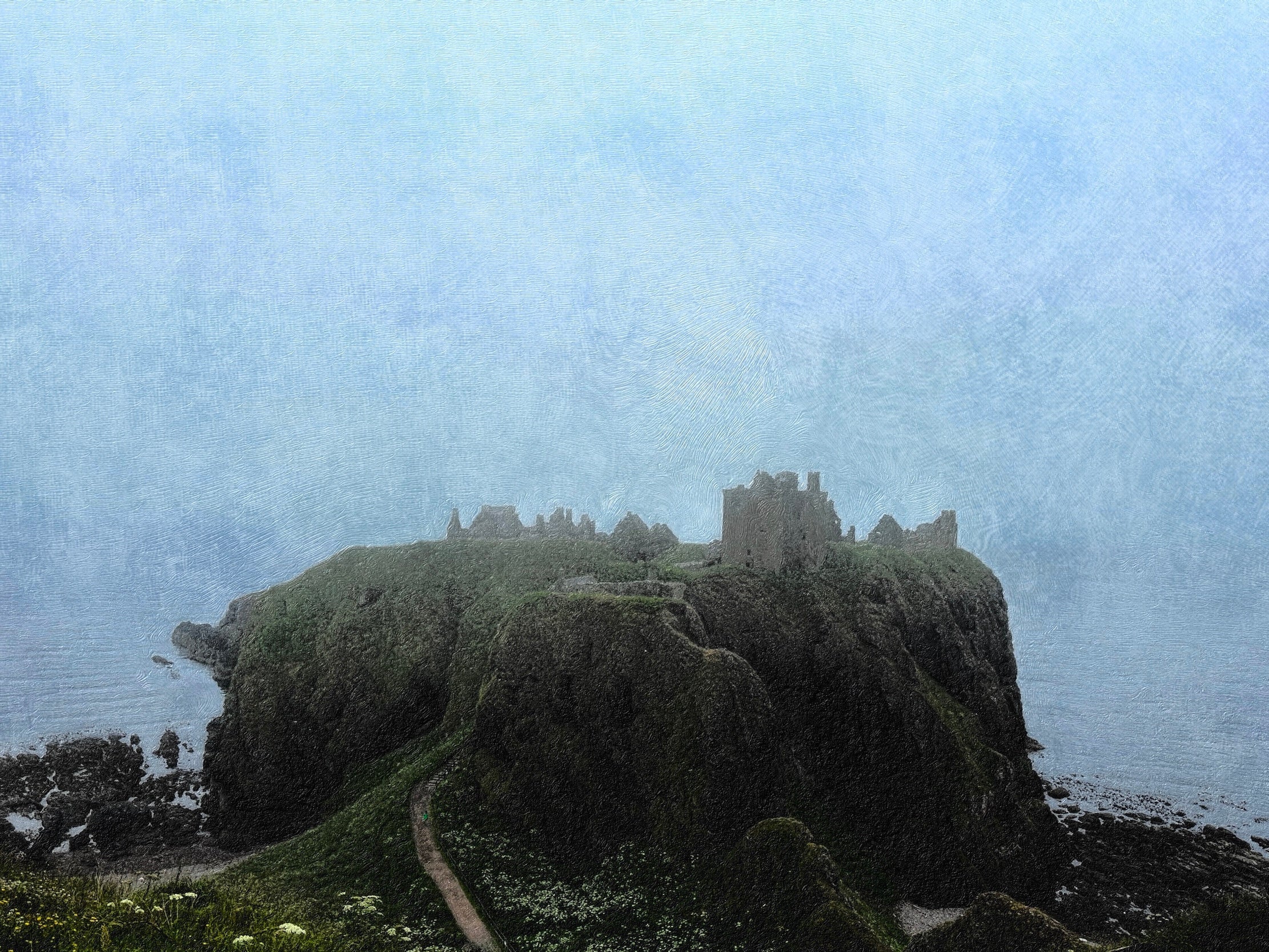 Dunnottar Castle mist: stone ruins on misty cliffside painting