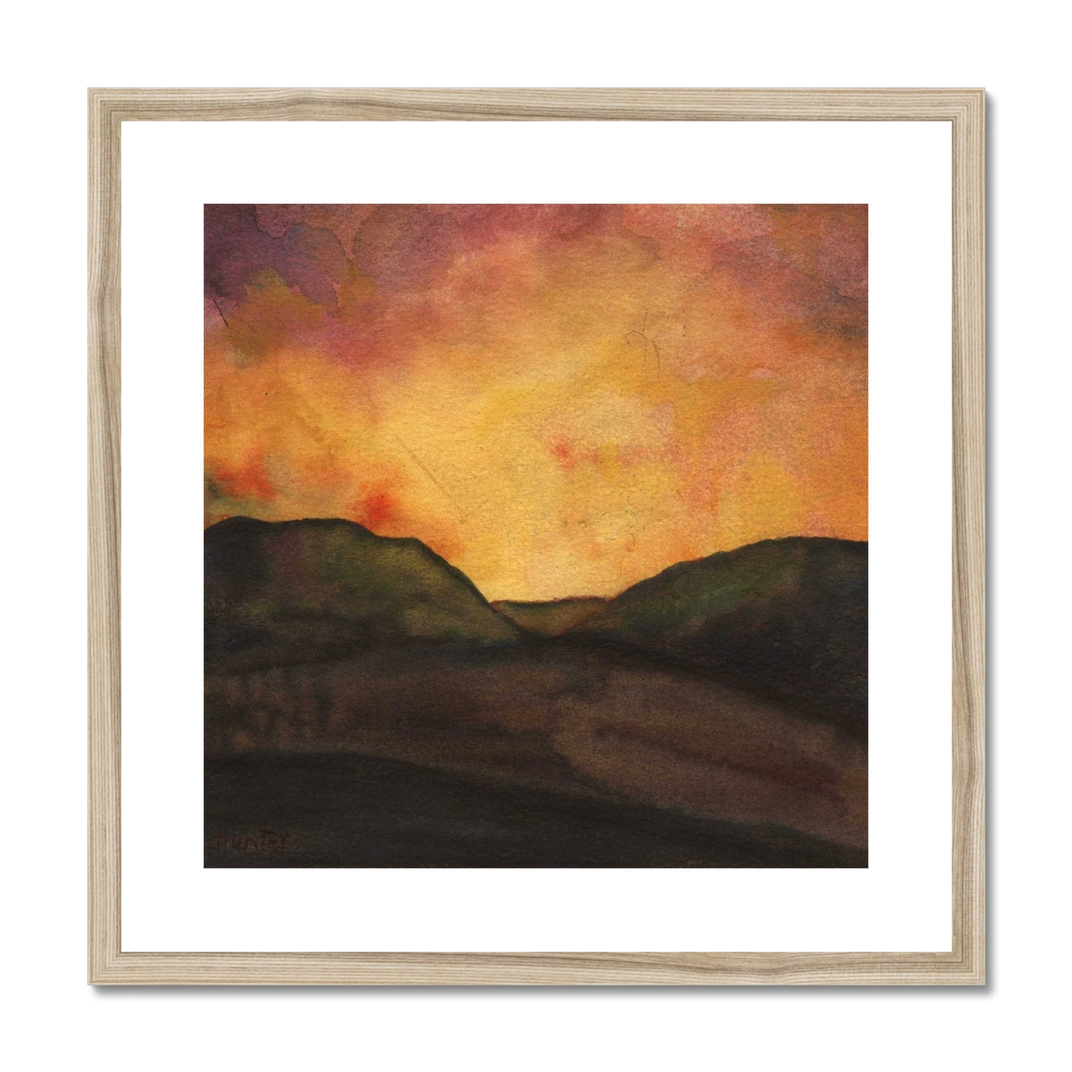 Dunoon Dusk Art Print: Wooden-framed landscape with earthy tones and sunset sky